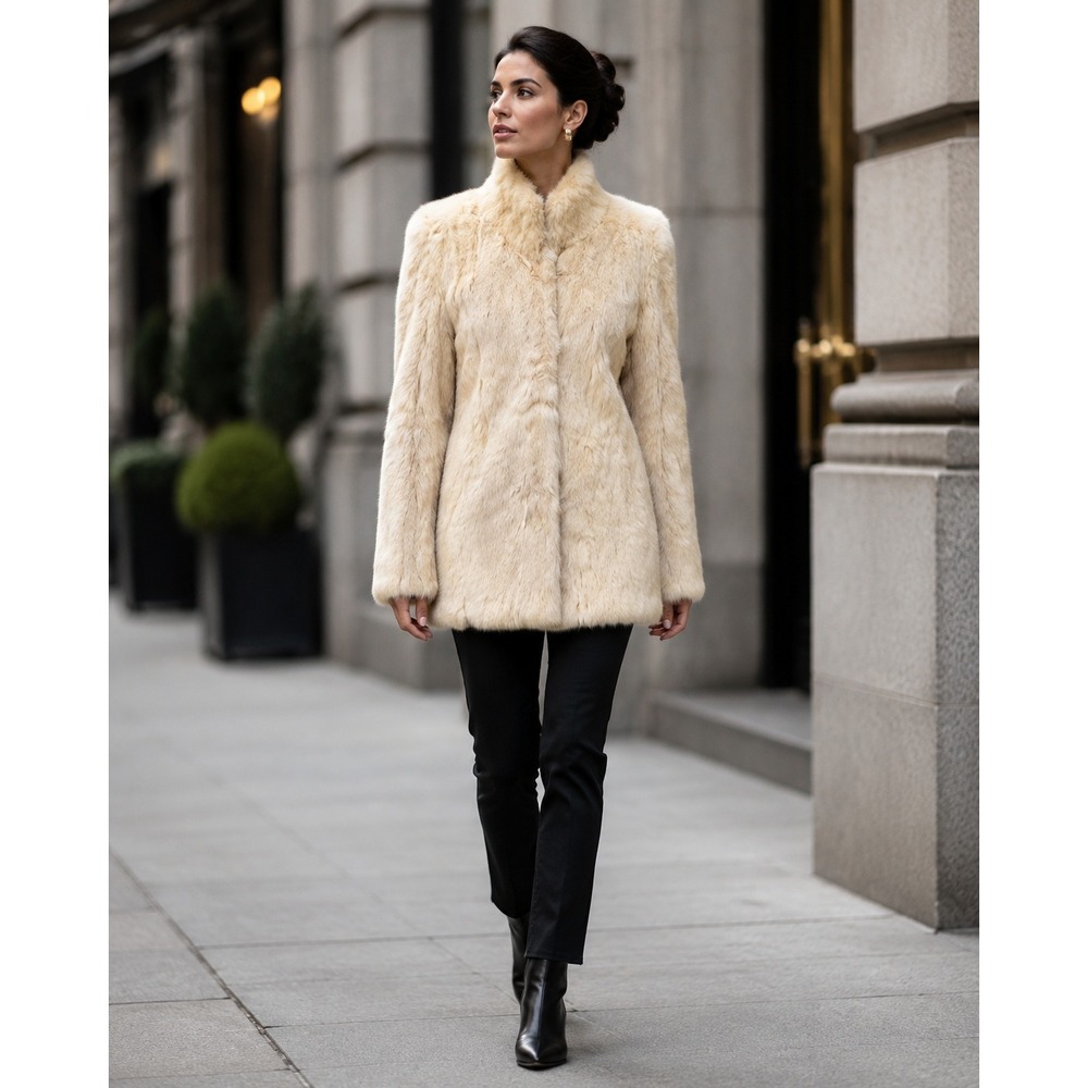 Vintage Cream Genuine‎ Rabbit Fur Jacket High Collar Glam Winter Coat